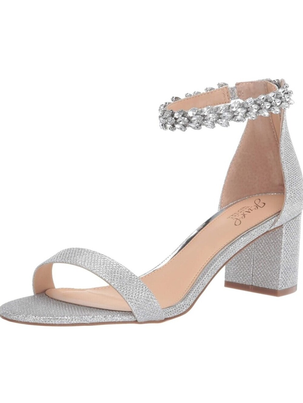 Jewel Badgley Mischka Womenโs Bradley Silver Ankle Strap Heels Sz. 6M NEW